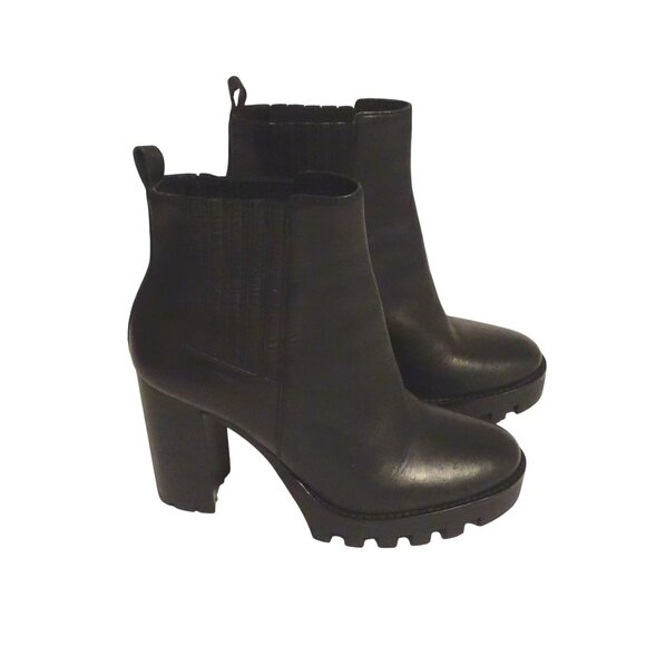 Antonio Melani Black Leather Chunky Lug Block Heel Chelsea Boots Women Size 9 M - Picture 2 of 9